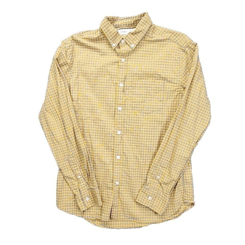 Old Navy Mens Everyday‎ Shirt Medium Yellow Blue Gingham Checkered Built-In Flex